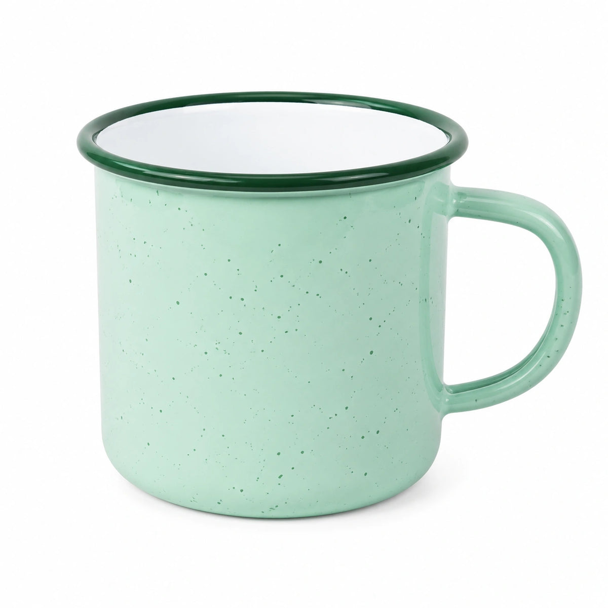 Mug 350 ml en acier émaillé vert menthe - style moucheté avec anse